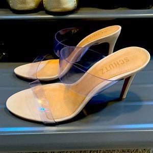 Clear/suede slip on heels